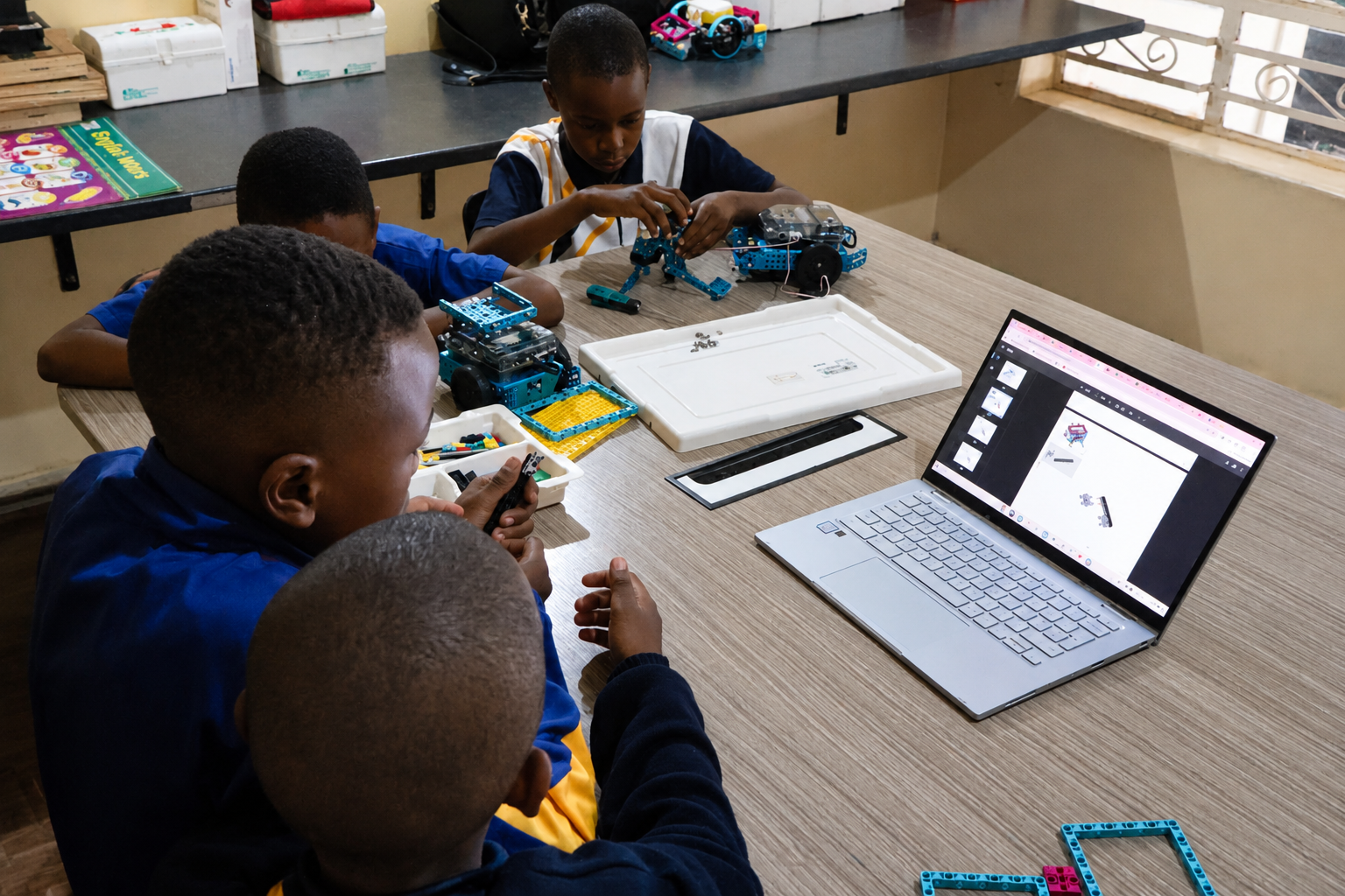 Learners assembling a robot during technology assisted learning guided tuition in Kalulushi